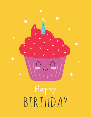 greeting card with cute happy cupcake characters, birthday vector illustration in flat styleのイラスト素材