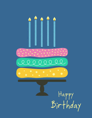 happy birthday card of cartoon cake with candles isolated on dark background, vector illustration in flat styleのイラスト素材