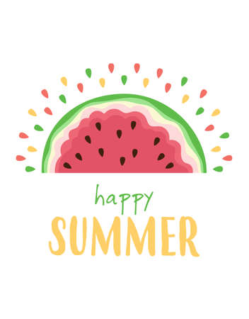 summer card with cartoon watermelon, colored vector illustration in flat styleのイラスト素材