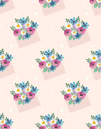 seamless paper envelope pattern with flowers, background for valentines day, birthday or any festive backgroundのイラスト素材