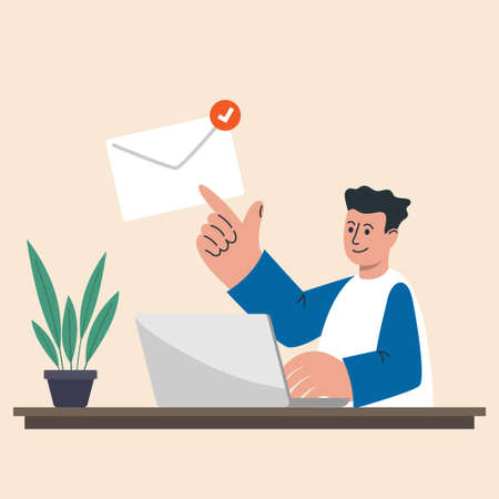 Office worker working with a laptop and opens an urgent letter. mail notification. Man, working from home office get email message. vector illustration.のイラスト素材