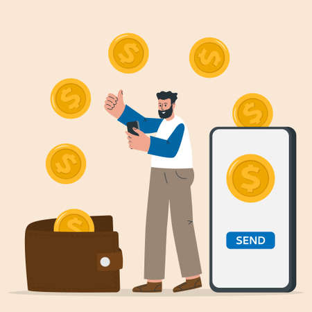 Concept of money transfer with wallet and smartphone, online payment. Man making cash dollar transaction. vector illustration.のイラスト素材
