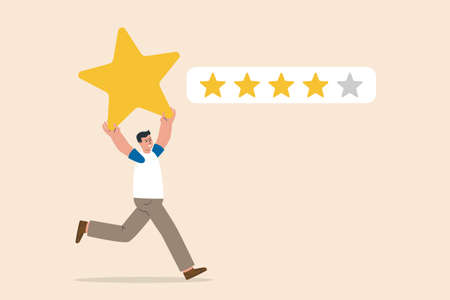 Man holding gold star to added to 5 stars rating. User experience, customer feedback stars rating....