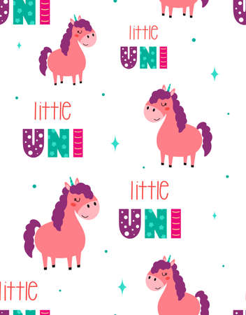 cartoon colorful seamless pattern with cute funny unicorn, decorative cute wallpaper with animals good for printing, flat designのイラスト素材