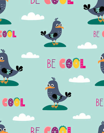 seamless pattern with birds and clouds, colorful background, cute vector illustration with seagulls, decorative wallpaper in flat styleのイラスト素材