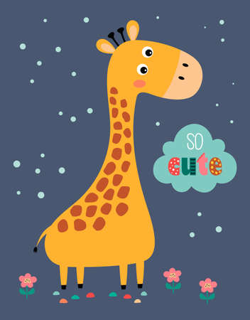 cartoon giraffe isolated on blue background, wild animal vector illustration in flat styleのイラスト素材