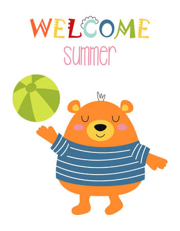 summer poster of bear with beach ball in cartoon style, vector illustrationのイラスト素材