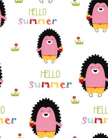 seamless pattern of cute cartoon hedgehogs in swimming trunks with cup of drink, kids background, childish design texture for fabric, wrapping, textile, decor, vector illustrationのイラスト素材