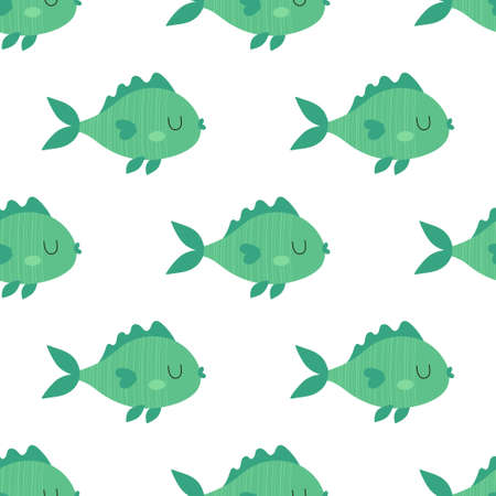 vector seamless pattern with cute fish in cartoon style, simple children background in scandinavian style, underwater printのイラスト素材