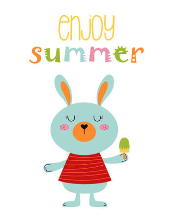 vector card with cute bunny and enjoy summer lettering, poster in cartoon style, funny rabbit with ice cream isolated on white backgroundのイラスト素材