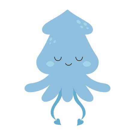 vector illustration with blue squid isolated on white background, sea animal in cartoon childish styleのイラスト素材