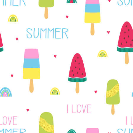 colorful summer seamless pattern with ice cream in cartoon style isolated on white, children flat...