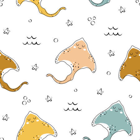cute vector seamless pattern with sea and ocean inhabitant like starfish and electric stingray isolated on white background, marine lifeのイラスト素材