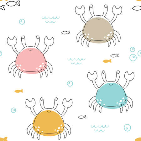 seamless creative pattern with cute crabs in sea, cartoon animals background, perfect for fabric, wallpaper, wrapping paper, textiles, bedding, vector illustrationのイラスト素材