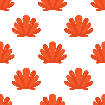 sea shells red seamless pattern, cartoon style texture for textile, paper, cute ocean background, flat vector illustrationのイラスト素材