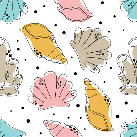 creative seamless vector pattern with colored shells, cute texture for fabric, wrapping, textile, wallpaper, apparel, cartoon vector illustration, childish backgroundのイラスト素材