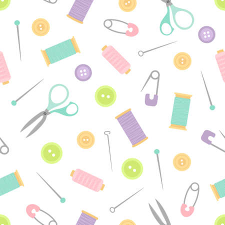 seamless pattern with sewing tools, colorful background, fashion vector illustration with colored scissor, pins, spool of thread and buttonsのイラスト素材