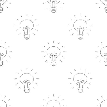 seamless pattern with light bulb on white background, vector illustration of cartoon lamp in silhouette, idea sign symbolのイラスト素材