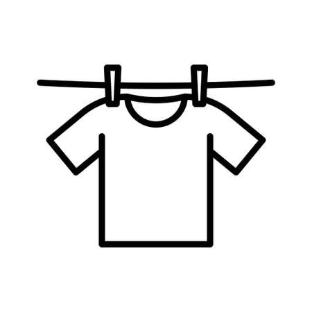 Clothes dry after washing. Clean t-shirt hanging on rope with clothespins on white background. vector illustration.のイラスト素材