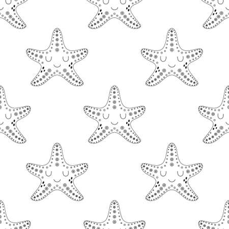 seamless pattern of starfish in silhouette, cartoon vector illustration on white background, repeated marine symbols in contourのイラスト素材