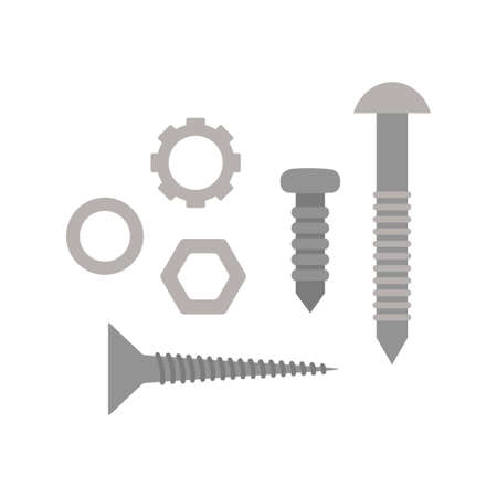 cartoon repair set of bolt, nut, nail and screw, vector illustration with construction tools in flat...