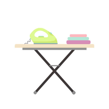 ironing board with electric iron and folded towels, flat style, vector illustration isolated on white backgroundのイラスト素材
