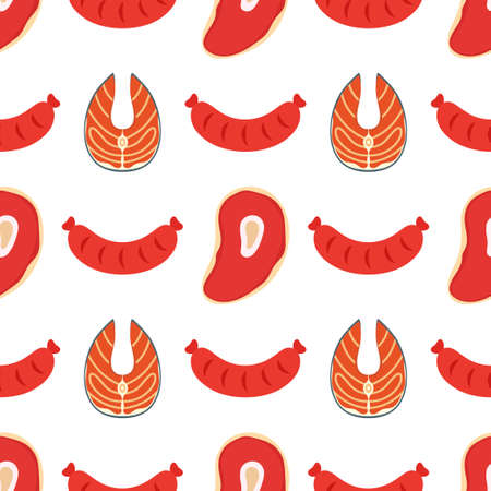 cartoon bbq seamless pattern with grilled sausages, salmon and beef steak, vector illustration of cute snack in flat styleのイラスト素材