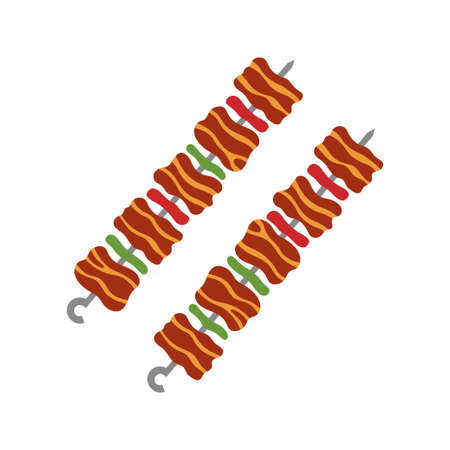 two vegetable and meat kebabs on skewer, grilled bbq food with veggies and pork isolated on white, flat vector illustrationのイラスト素材