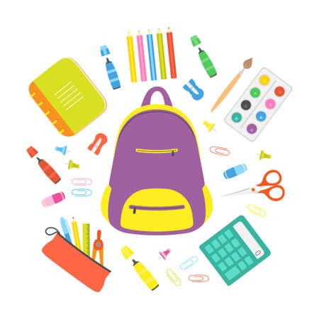 set of stationery tools for school or student, vector illustration of backpack, pencils, pen, calculator, notepad and scissors on white background, flat styleのイラスト素材
