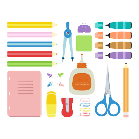 set of stationery tools for office, student or school in flat style, vector illustration of pencils, notepad, compass, highlighters, glue, scissors and other supplies on white isolated backgroundのイラスト素材