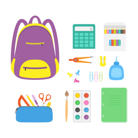 vector illustration of school supplies, back to school background with stationery, set from pencil case, backpack and ather stationery for educationのイラスト素材
