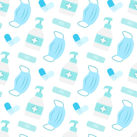 medical protection seamless pattern, vector background of medical masks, pills and hygiene products, wallpaper in flat styleのイラスト素材