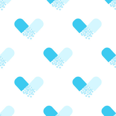medical seamless pattern with rblue capsules, pharmacology with pharmaceuticals, medicine background for wrapping of pills or drugs, vector illustration in flat styleのイラスト素材