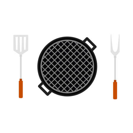 bbq vector illustration with grill grate, fork and spatula isolated on white background, grill tools icon in flat styleのイラスト素材