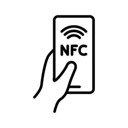 mobile payment. NFC technology. Hand holding phone. Contactless wireless pay sign. NFC payment with mobile phone. vector illustration.のイラスト素材