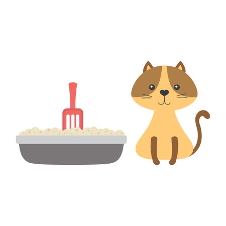 set of cat and litter box with scoop isolated on white background, vector illustration in flat styleのイラスト素材