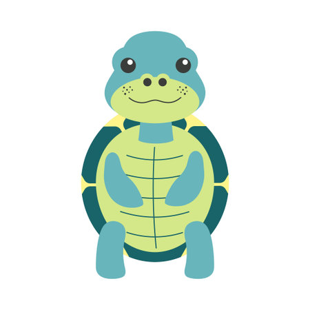 cute childish turtle character in flat style, vector cartoon illustration of funny smiling tortoise, pet isolated on white backgroundのイラスト素材