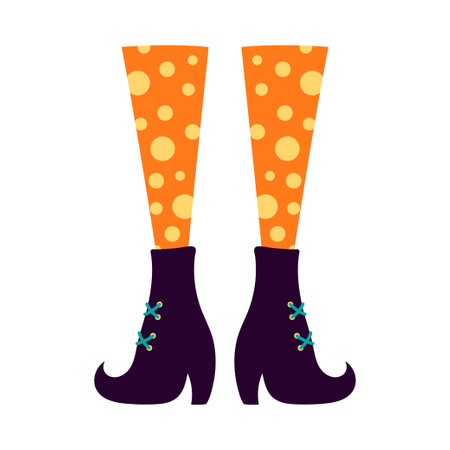witch boots of black color with pointed noses in dots socks isolated on white background, witch shoes, symbol of halloween, vector illustration in flat styleのイラスト素材