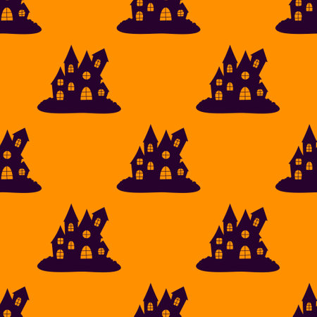 halloween pattern design with haunted houses, seamless pattern decoration on orange background, simple flat styleのイラスト素材