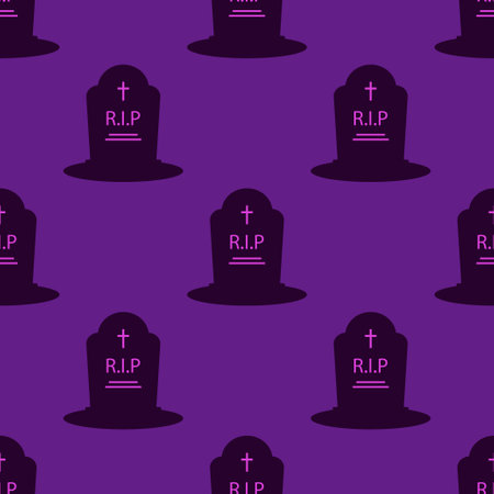 black tombstone with RIP written on it, seamless pattern on purple background, grave icon, happy halloween vector illustrationのイラスト素材