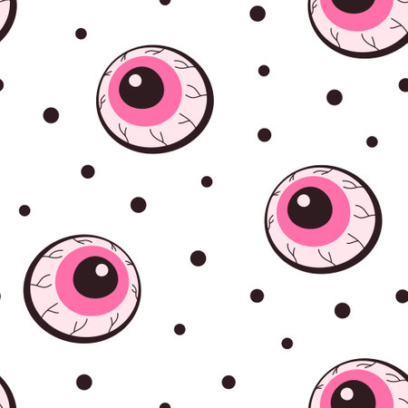 texture of human colorful eyeballs isolated on polka dot background, seamless pattern for wrapping paper on theme of holiday of evil spirit halloween, cartoon simple printのイラスト素材