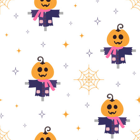 halloween seamless pattern of cute scarecrow on stars and spiderweb background, vector illustration in flat styleのイラスト素材