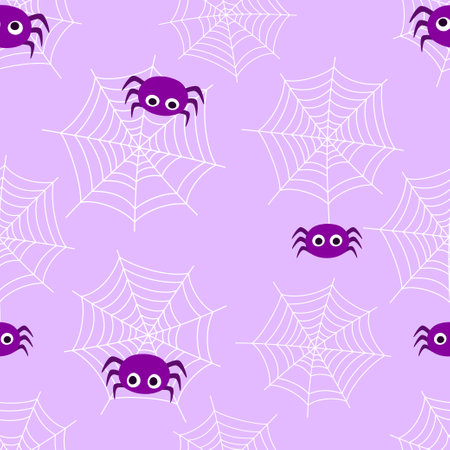 seamless pattern with cute spiders and spider webs on pink background, halloween theme, vector illustration in flat styleのイラスト素材