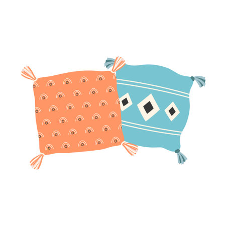 decorative pillows, interior elements for cozy home, cushions with modern pattern for comfort, color vector illustration isolated on white background, hygge styleのイラスト素材