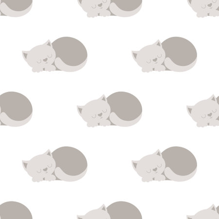 cute sleeping cat seamless pattern on white background, creative childish texture, vector Illustrationのイラスト素材