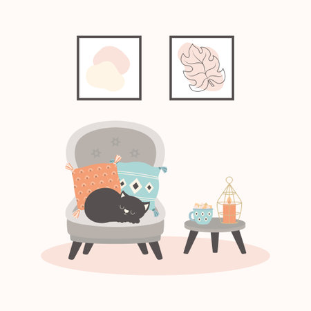 room furnished comfortable armchair with decorative pilows, coffee table with tea or coffee cup and pictures wall in scandinavian style, black cat sleeping on armchair, flat styleのイラスト素材