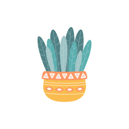 decorative plant with green leaves in ceramic ornate pot, home interior with houseplant in scandinavian style, flat designのイラスト素材