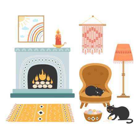 room interior with cats sleeping on armchaire and playing knitting ball, fierplace and carpet, wall pictures and floor lamp, apartment with furniture and home decorations in hygge style, flat vector illustrationのイラスト素材