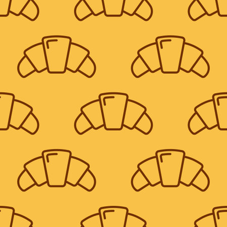 Seamless pattern with crunchy croissants on yellow background. Traditional French breakfast, delicious dessert. vector illustrationのイラスト素材
