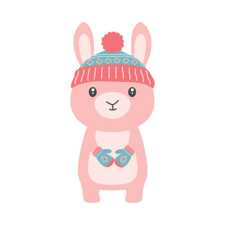 flat cartoon illustration of rabbit in knitting hat and mittens isolated on white background, cute christmas bunny is symbol of new yearのイラスト素材